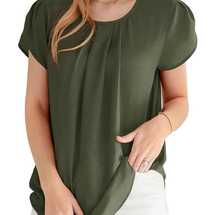 Polyester Blouses - Women's Chiffon Blouse Short Sleeve Pleated Top with Keyhole Back Detail