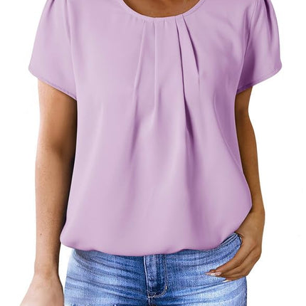 Polyester Blouses - Women's Chiffon Blouse Short Sleeve Pleated Top with Keyhole Back Detail