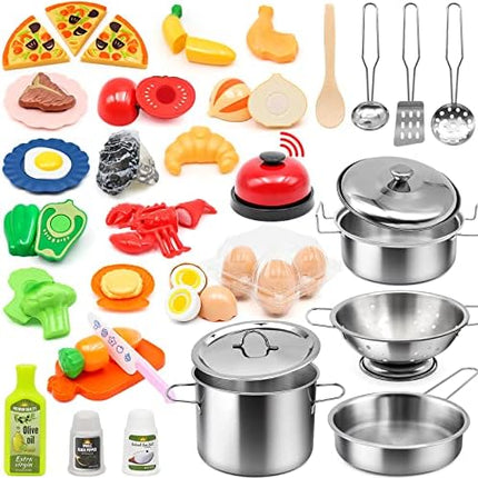Kids Kitchen Playset - 38Pcs Stainless Steel Pots Pans Cooking Toys with Play Food Set