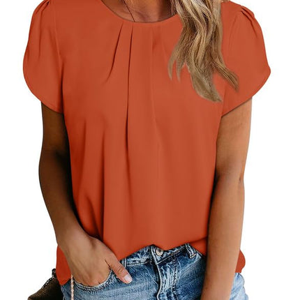 Polyester Blouses - Women's Chiffon Blouse Short Sleeve Pleated Top with Keyhole Back Detail