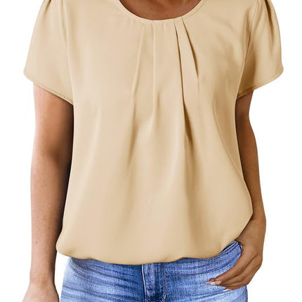 Polyester Blouses - Women's Chiffon Blouse Short Sleeve Pleated Top with Keyhole Back Detail