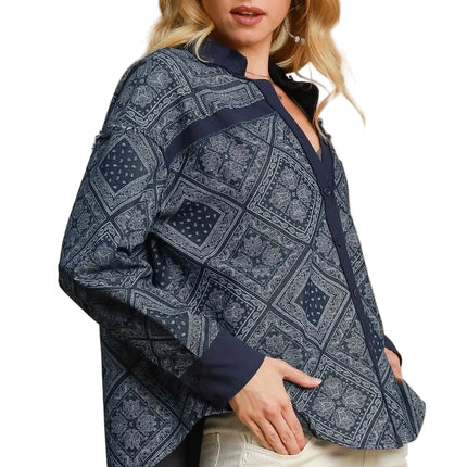 Garden Naked Womens Casual Denim Jacket Boho Bandana Print Oversized Button Down Collared Dark Blue Streetwear Top