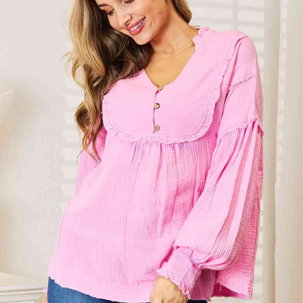 Double Take Exposed Seam Buttoned Notched Neck Women Blouse