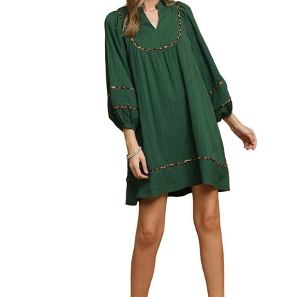 Garden Naked Womens Casual Shift Dress Boho Leopard Trim Pleated Babydoll Mini Green Balloon Sleeve Daily Wear