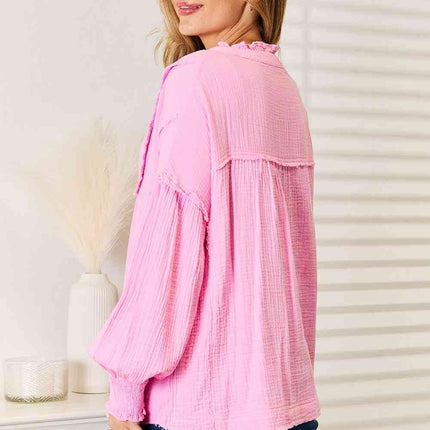 Double Take Exposed Seam Buttoned Notched Neck Women Blouse