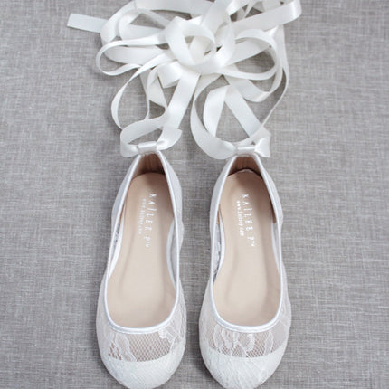 White New Lace Ballerina Flats with Ballerina Lace Up