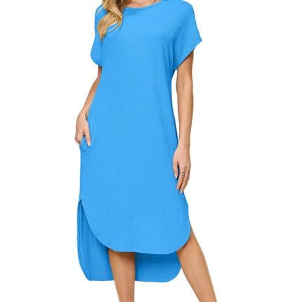 Garden Naked Women's Casual Dress Loose-Fit Round Neck Short Sleeve Slit Solid Color Midi Dress Blue Textured