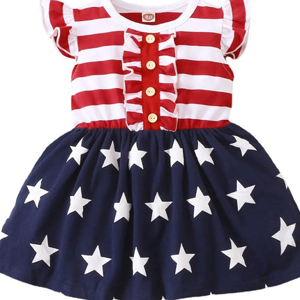 Striped & Stars Ruffled Round Neck Cap Sleeve Dress