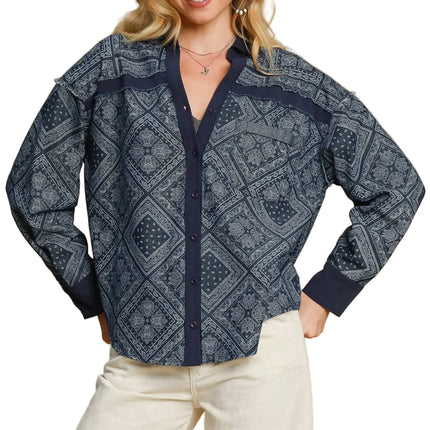 Garden Naked Womens Casual Denim Jacket Boho Bandana Print Oversized Button Down Collared Dark Blue Streetwear Top