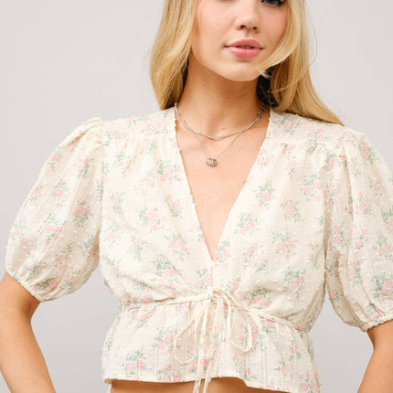 Petticoat Puff Sleeve Tie Front Peplum Top