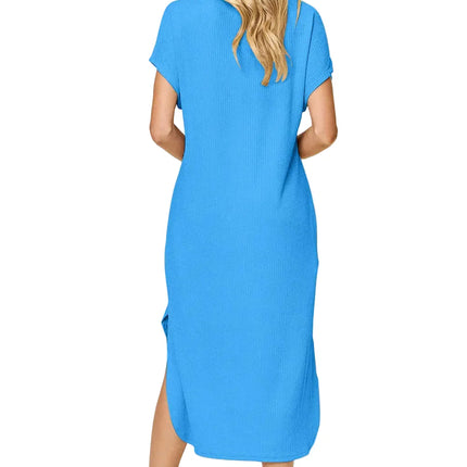 Garden Naked Women's Casual Dress Loose-Fit Round Neck Short Sleeve Slit Solid Color Midi Dress Blue Textured