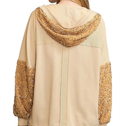 Garden Naked Womens Casual Bomber Jacket Sequin Embellished Hooded Cardigan Sparkly Beige Evening Party