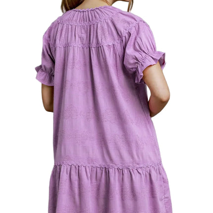 Garden Naked Womens Casual Mini Dress Sweet Ruffle Trim Puff Sleeve Babydoll Flared Lavender Purple Summer Daily Wear