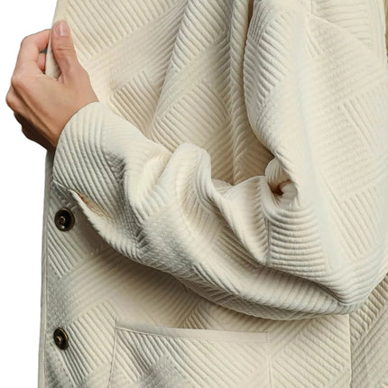Garden Naked Womens Casual Bomber Jacket Quilted Diamond Pattern Oversized Outerwear Round Neck Long Sleeve Cream White