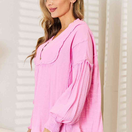 Double Take Exposed Seam Buttoned Notched Neck Women Blouse