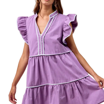 Womens Casual Babydoll Dress Flutter Sleeve Tiered Mini Purple V Neck White Trim Summer Ruffle Detail