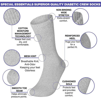 6 Pairs Physicians Approved Diabetic Crew Socks Unisex Black/Grey/White