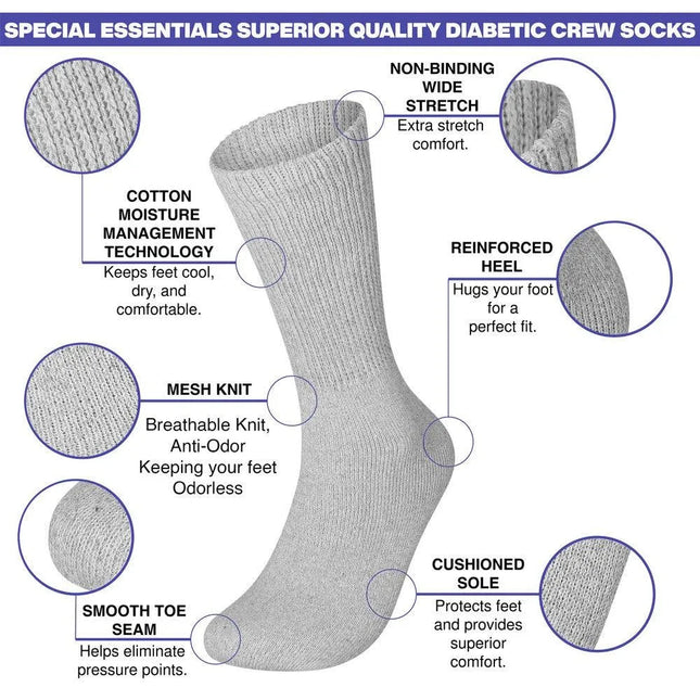6 Pairs Physicians Approved Diabetic Crew Socks Unisex Black/Grey/White
