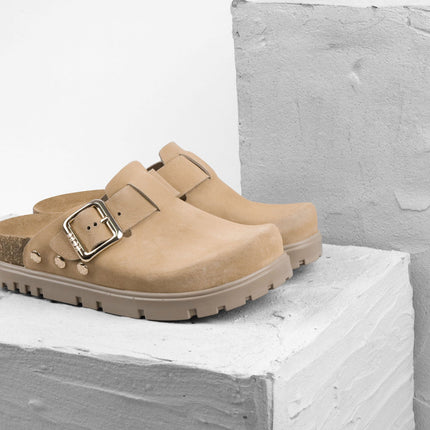 Andora II by LEON- Women’s Leather Platform Clog- Adjustable Buckle & Cork-Style Slide