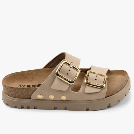 Portofino II by LEON- Women’s Leather Sandal – Double Strap Slide with Cork-style Footbed & Adjustable Buckle