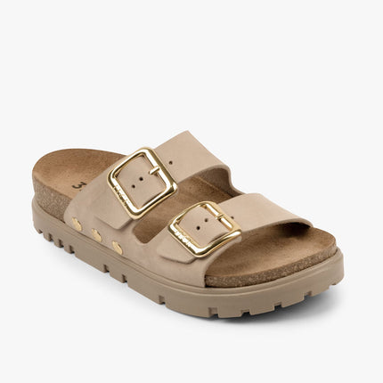 Portofino II by LEON- Women’s Leather Sandal – Double Strap Slide with Cork-style Footbed & Adjustable Buckle