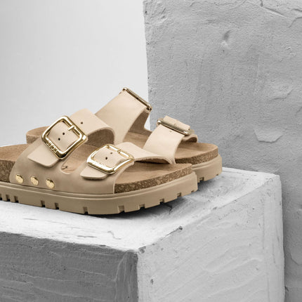 Portofino II by LEON- Women’s Leather Sandal – Double Strap Slide with Cork-style Footbed & Adjustable Buckle