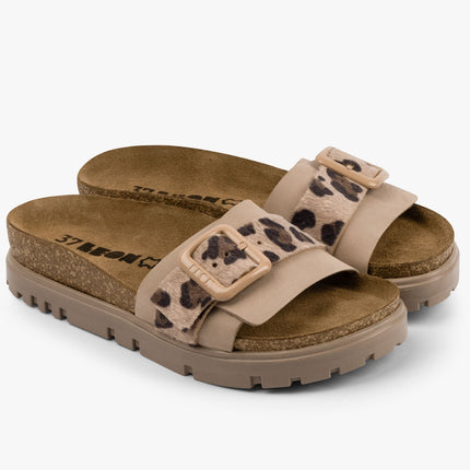 Tessa by LEON- Women’s Leather Sandal – Layered Strap Slide with Cork-style Footbed & Adjustable Buckle
