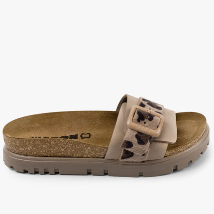 Tessa by LEON- Women’s Leather Sandal – Layered Strap Slide with Cork-style Footbed & Adjustable Buckle