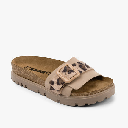 Tessa by LEON- Women’s Leather Sandal – Layered Strap Slide with Cork-style Footbed & Adjustable Buckle