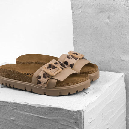 Tessa by LEON- Women’s Leather Sandal – Layered Strap Slide with Cork-style Footbed & Adjustable Buckle