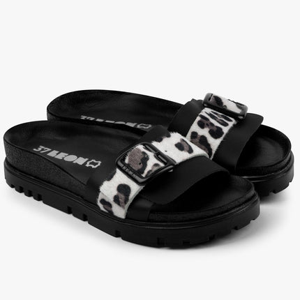 Tessa by LEON- Women’s Leather Sandal – Layered Strap Slide with Cork-style Footbed & Adjustable Buckle