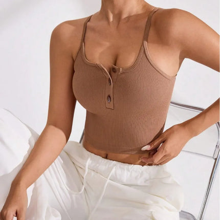 Ribbed Half Button Cropped Active Cami
