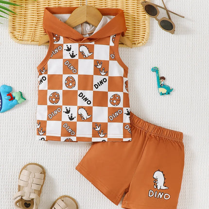 Children's Dinosaur Checkered Sleeveless Hooded Top and Shorts Set