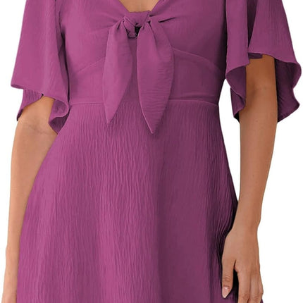 Women's Deep V-Neck Mini Dress with Bow Tie - Elegant Summer Fall Outfit