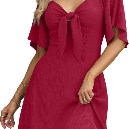 Women's Deep V-Neck Mini Dress with Bow Tie - Elegant Summer Fall Outfit