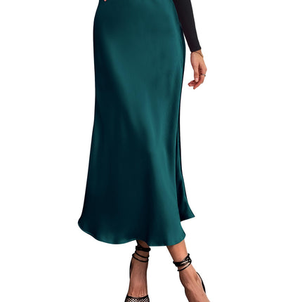 Women's High Waist Satin Midi Skirt - Elegant A-Line Flowy Party Wedding Skirt