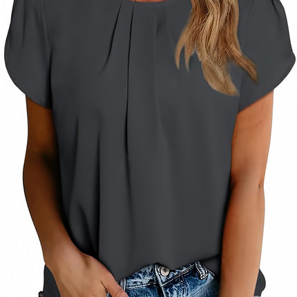 Polyester Blouses - Women's Chiffon Blouse Short Sleeve Pleated Top with Keyhole Back Detail