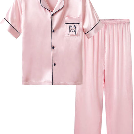 Girls Satin Pajama Set - Silky Button Down PJ with Shorts Size 6-16