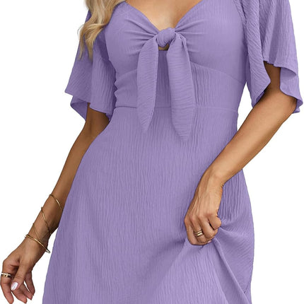 Women's Deep V-Neck Mini Dress with Bow Tie - Elegant Summer Fall Outfit