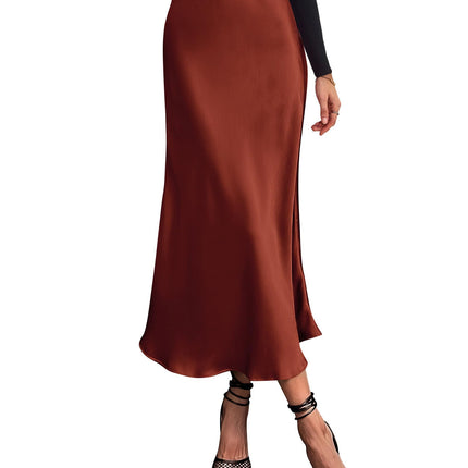 Women's High Waist Satin Midi Skirt - Elegant A-Line Flowy Party Wedding Skirt