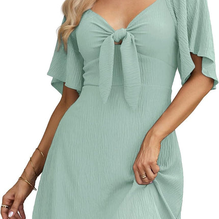 Women's Deep V-Neck Mini Dress with Bow Tie - Elegant Summer Fall Outfit