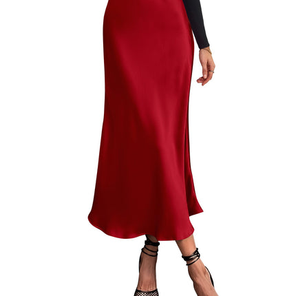 Women's High Waist Satin Midi Skirt - Elegant A-Line Flowy Party Wedding Skirt