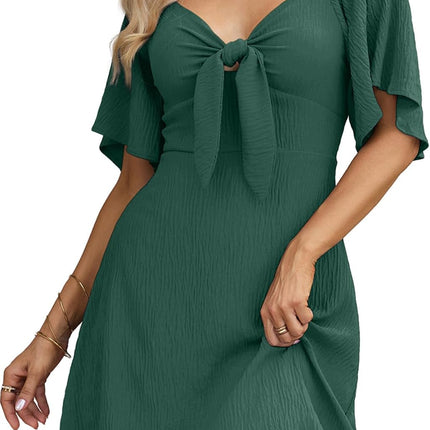Women's Deep V-Neck Mini Dress with Bow Tie - Elegant Summer Fall Outfit