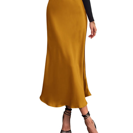 Women's High Waist Satin Midi Skirt - Elegant A-Line Flowy Party Wedding Skirt