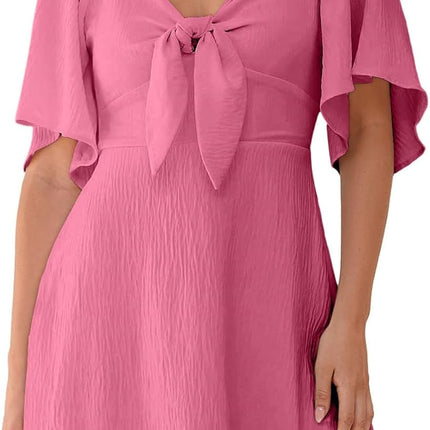 Women's Deep V-Neck Mini Dress with Bow Tie - Elegant Summer Fall Outfit