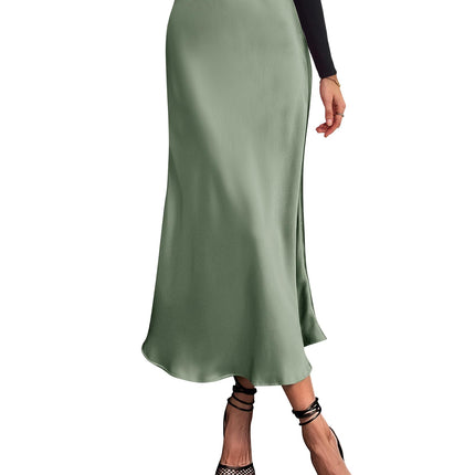 Women's High Waist Satin Midi Skirt - Elegant A-Line Flowy Party Wedding Skirt