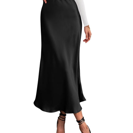 Women's High Waist Satin Midi Skirt - Elegant A-Line Flowy Party Wedding Skirt