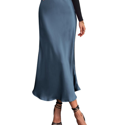 Women's High Waist Satin Midi Skirt - Elegant A-Line Flowy Party Wedding Skirt