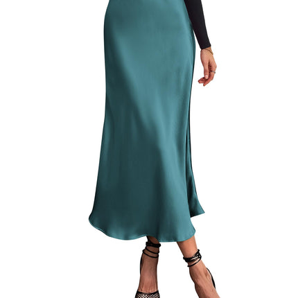 Women's High Waist Satin Midi Skirt - Elegant A-Line Flowy Party Wedding Skirt