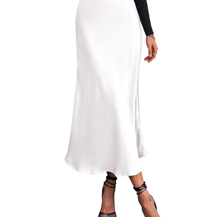 Women's High Waist Satin Midi Skirt - Elegant A-Line Flowy Party Wedding Skirt